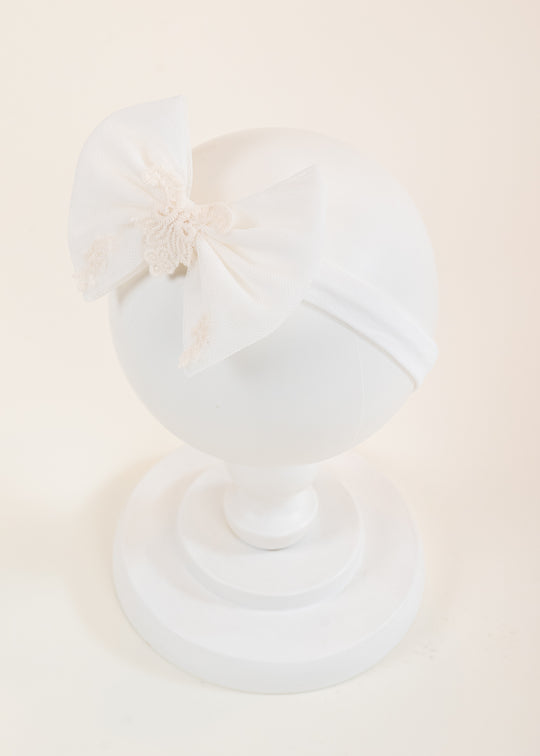 MATERIAL LACK Georgia Headband with Cream Tulle Bow, Lace, Little Bows, and Cappuccino Flowers AnneBebe
