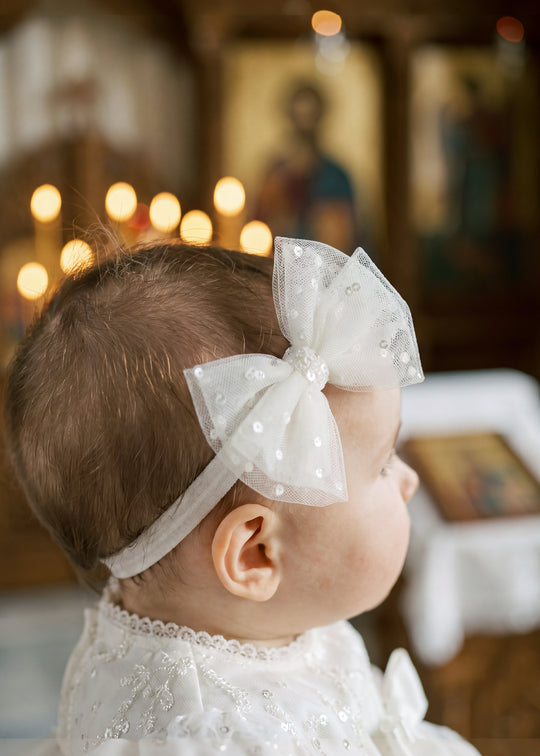 Bentita de Botez pentru Bebelusi cu Funda din Tull Crem cu Paiete – Madalina | AnneBebe