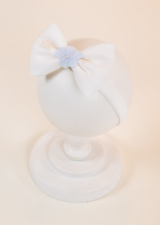 Francesca Headband Tulle Bow Cream Embroidered Blue And Cappuccino Flowers AnneBebe