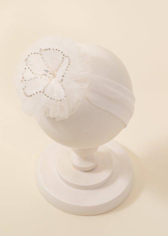 Headband Selena Pompon Tulle Cream Flower With Silver Sequins AnneBebe