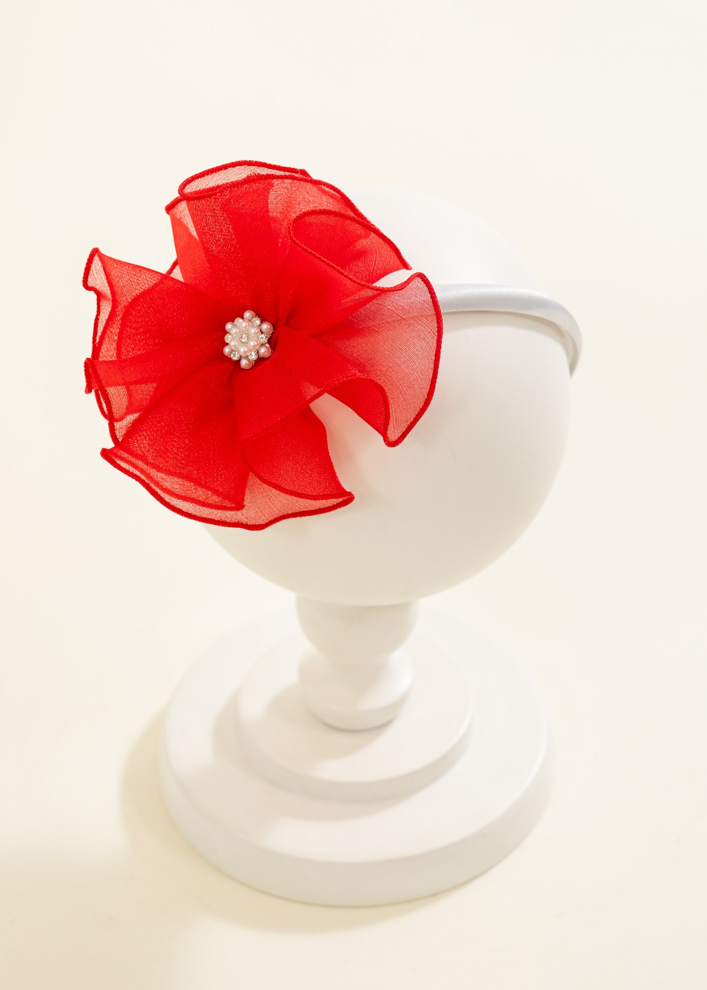 Cordeluta Floricica din Organza Rosie Cu Perle AnneBebe