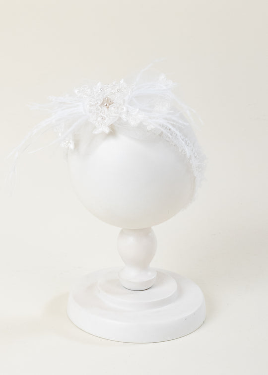 Kelly Fuda Cream Lace Luxury Headband with Pearls and Feathers