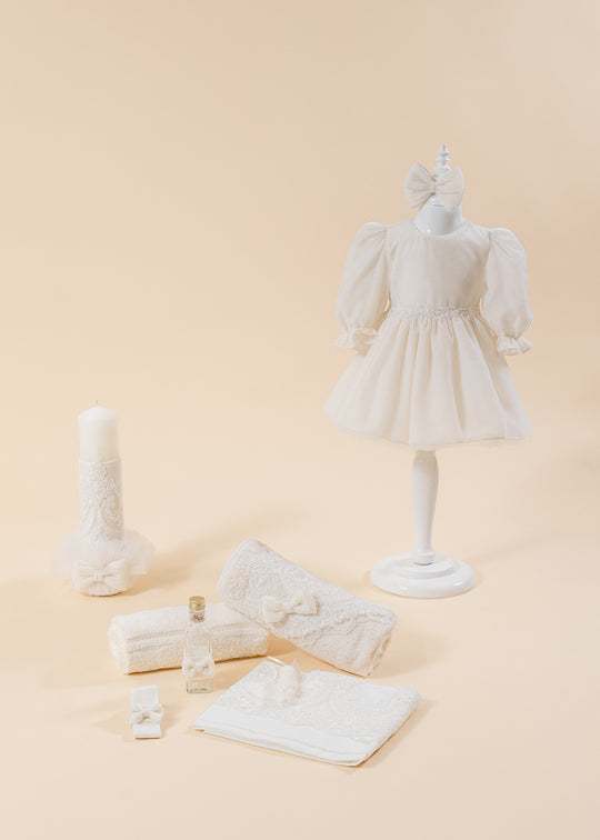 Klara 3 Piece Baptism Set, Dress, Trouser and Candle Personalized Baptism AnneBebe