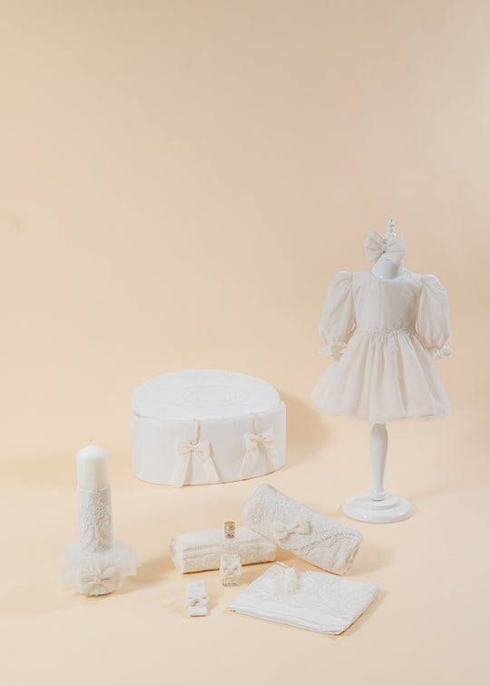 Klara Baptism Set 4 Pieces, Dress, Trunk, Candle and Personalized Baptism Chest AnneBebe