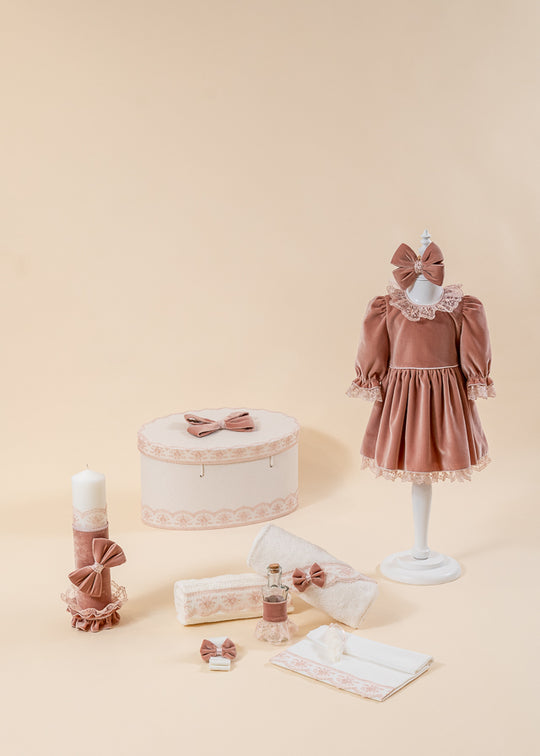 Sorina Baptism Set 4 Pieces, Dress, Trunk, Candle and Personalized Baptism Chest AnneBebe