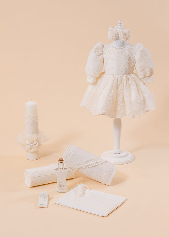 Anemona 3 Piece Baptism Set, Dress, Trouser and Candle Personalized Baptism AnneBebe