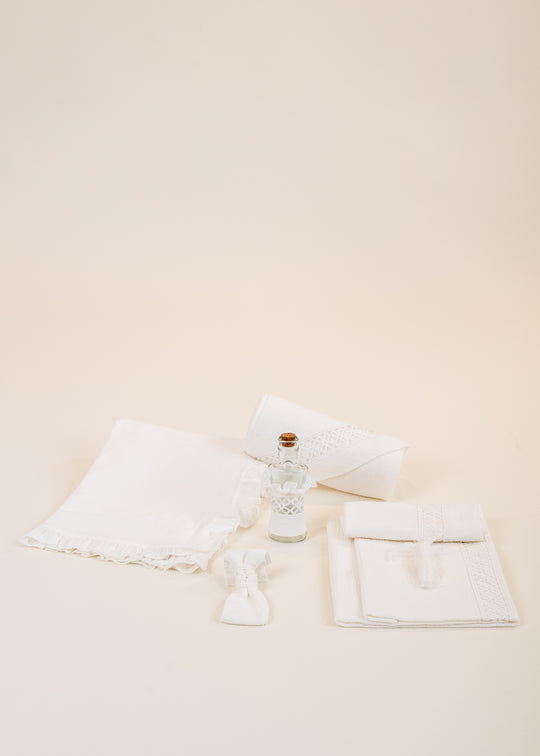 Nina Muslin Christening Set Cream AnneBebe Crocheted Floral Band