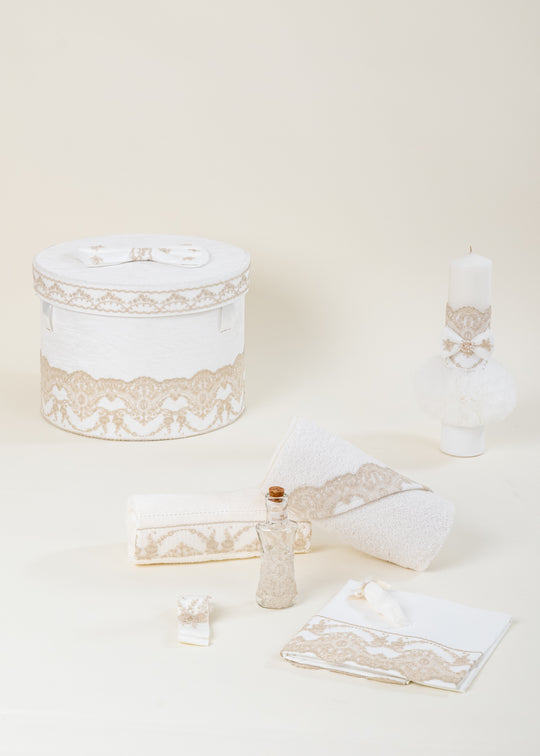 Set Botez Erica 3 Piese, Lumanare, Trusou si Cufar Personalizat Botez AnneBebe