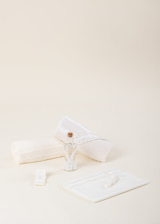 Olga Cream Christening Set with Satin Band, Pearls, and Sequins