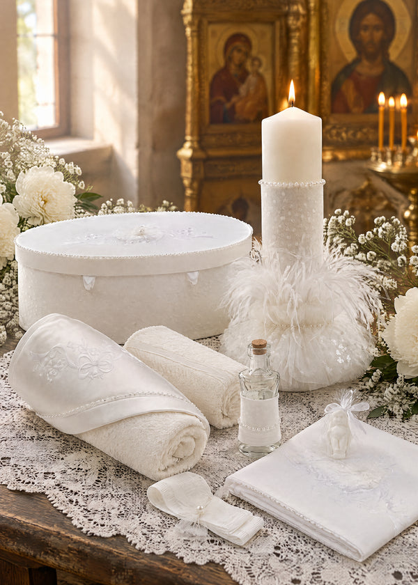 Set de Botez 3 Piese cu Lumanare, Trusou si Cufar pentru Fetite, Personalizat – Madalina | AnneBebe