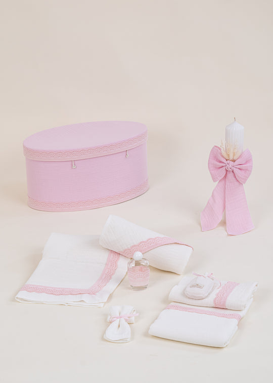 Set de Botez Roz cu Trusou, Lumanare si Cufar pentru Fetite – AnneBebe