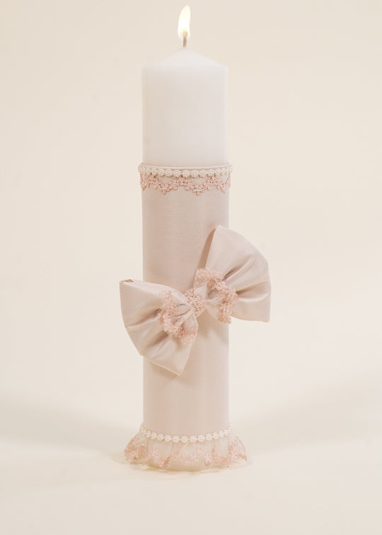 Olimpia Satin Cappuccino Candle with Ribbon and Lace with Flowers AnneBebe