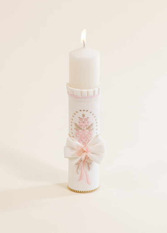 Lumanare Cristiana Crem Flori Roz Cu Auriu AnneBebe