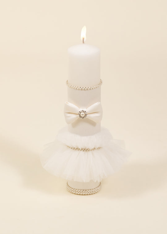 Lumanare Ivy Funda Saten Crem Si Fusta Tull Cu Strasuri Airgintii AnneBebe