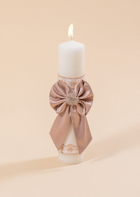 Vivienne Cream Candle With Beige Bow And Crystal Accessory AnneBebe