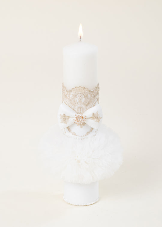 Lumanare Erica Crem Glob Tull Dantela Aurie Model Crengute Accesoriu Cristale AnneBebe