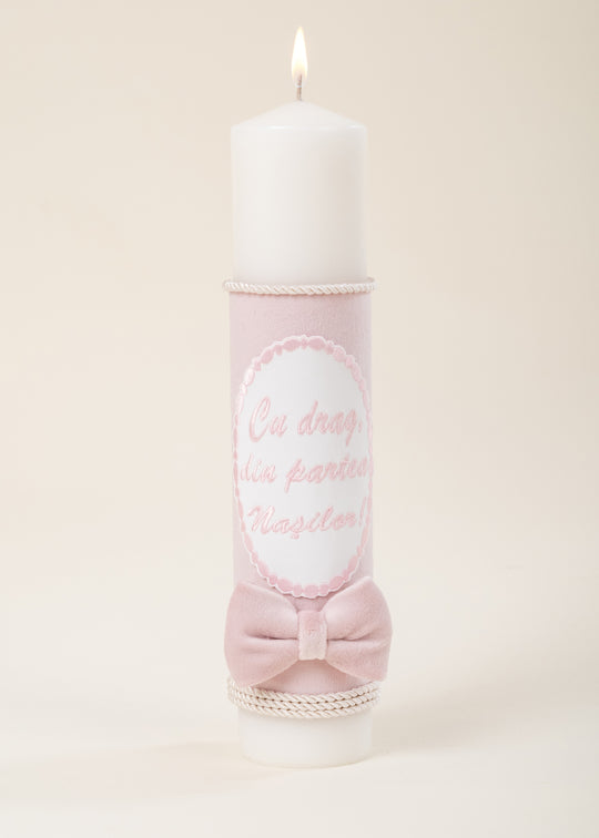 Pink Velvet Candle With Cord And Embroidery "With Love From The Godparents"