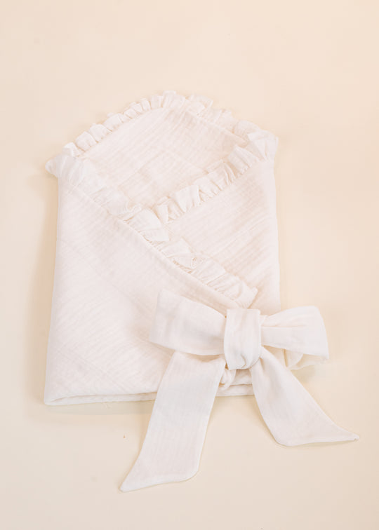 AnneBebe 3-in-1 Brown Muslin Blanket with Cream Ruffle