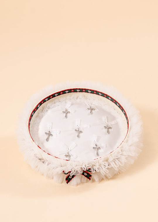 Cutie Pentru Cruciulite Tull Crem Banda Neagra Fori Rosii  Cu 7 Cruciulite AnneBebe