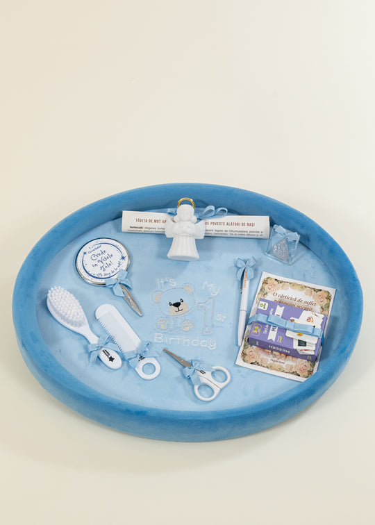 Tavita Mot 1 St Birthday Catifea Albastru Regal + Broderie AnneBebe