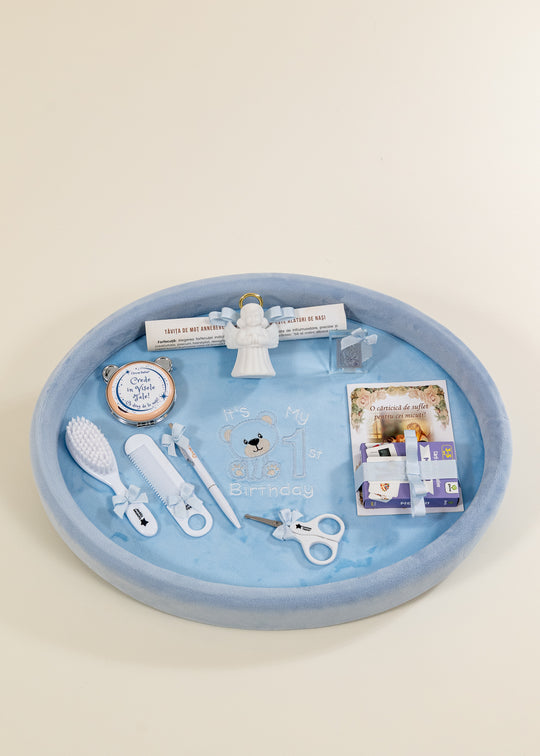 Tavita Mot 1 St Birthday Catifea Bleu Deschis + Broderie AnneBebe