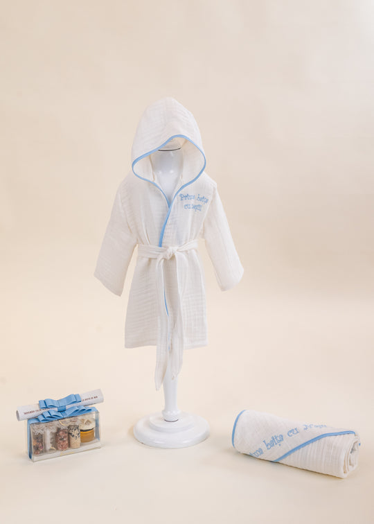 Set Pentru Prima Baita Muselina Crem Broderie Bleu AnneBebe
