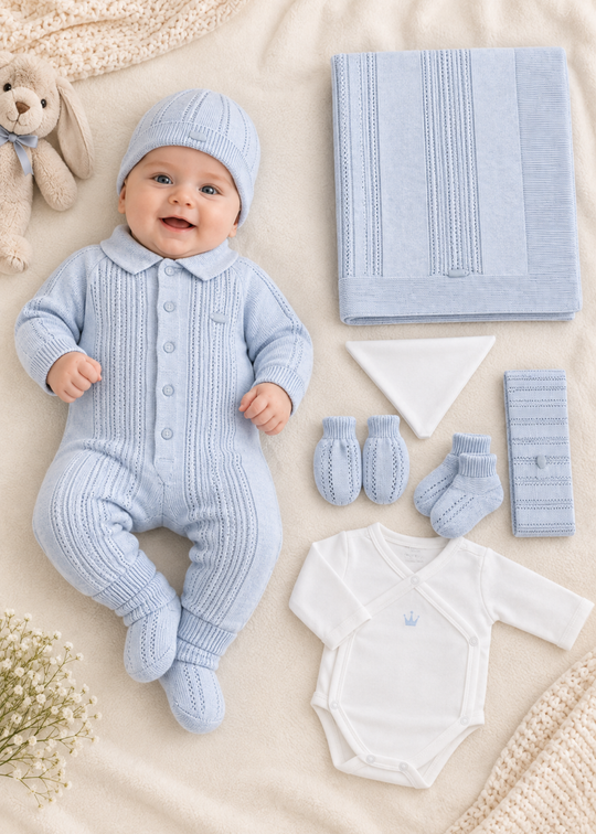 Set Nou-Nascut Tricotat Bleu 8 Piese pentru Baieti 3157 – Leo King