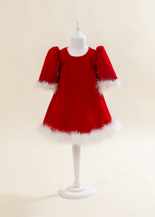 Rochie Craciunita De Catifea Rosie Cu Fulgi AnneBebe