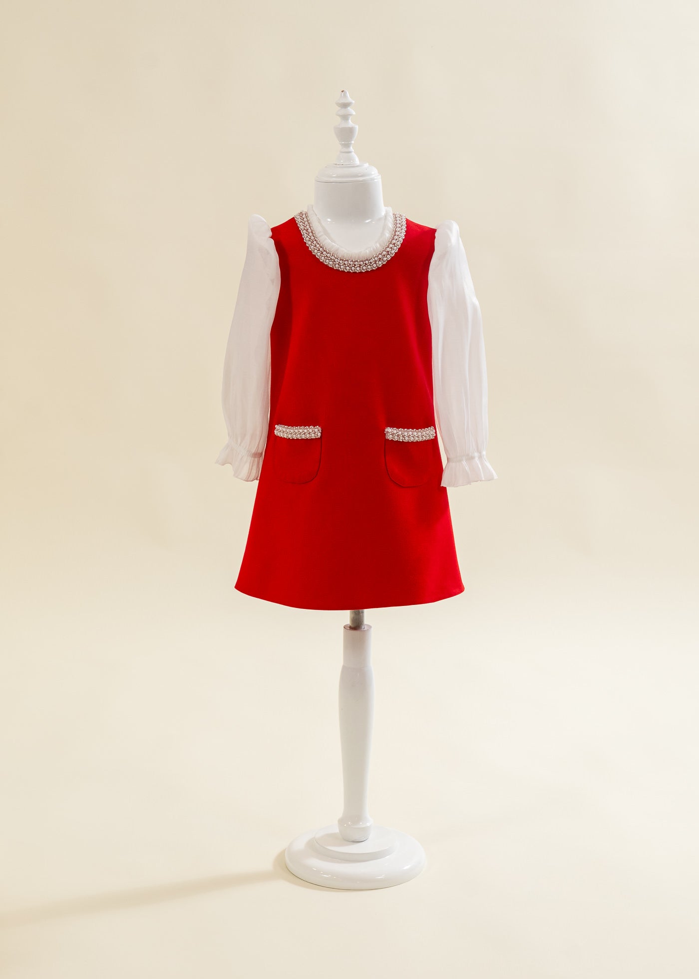 Rochita Rosie Cu Perle La Gat Si Buzunare AnneBebe