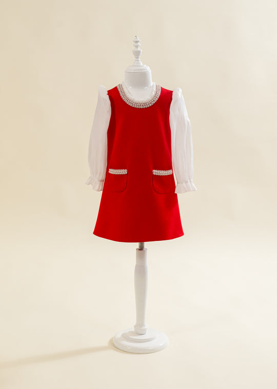 Rochita Rosie Cu Perle La Gat Si Buzunare AnneBebe