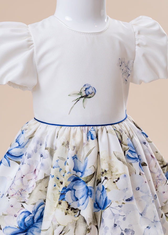 AnneBebe Cream Cotton Casual Dress With Blue Flowers 
