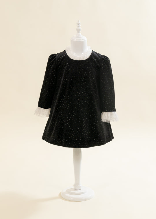 Rochita Catifea Neagra Cu Auriu Si Volanas Tull Crem AnneBebe