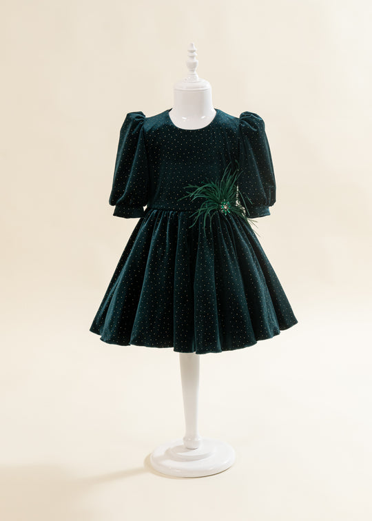 Rochita Catifea Verde Cu Auriu Si Fulgi In Talie AnneBebe