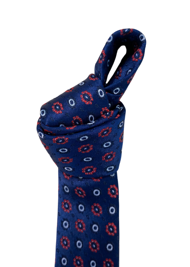 Темно-синя атласна краватка LaKids для хлопчика з червоними колами
