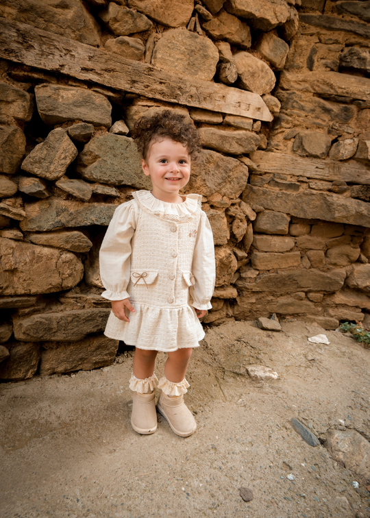 Set 2 Piese Sarafan Stofa Crem cu Paiete si Camasa 3731 Mino Baby