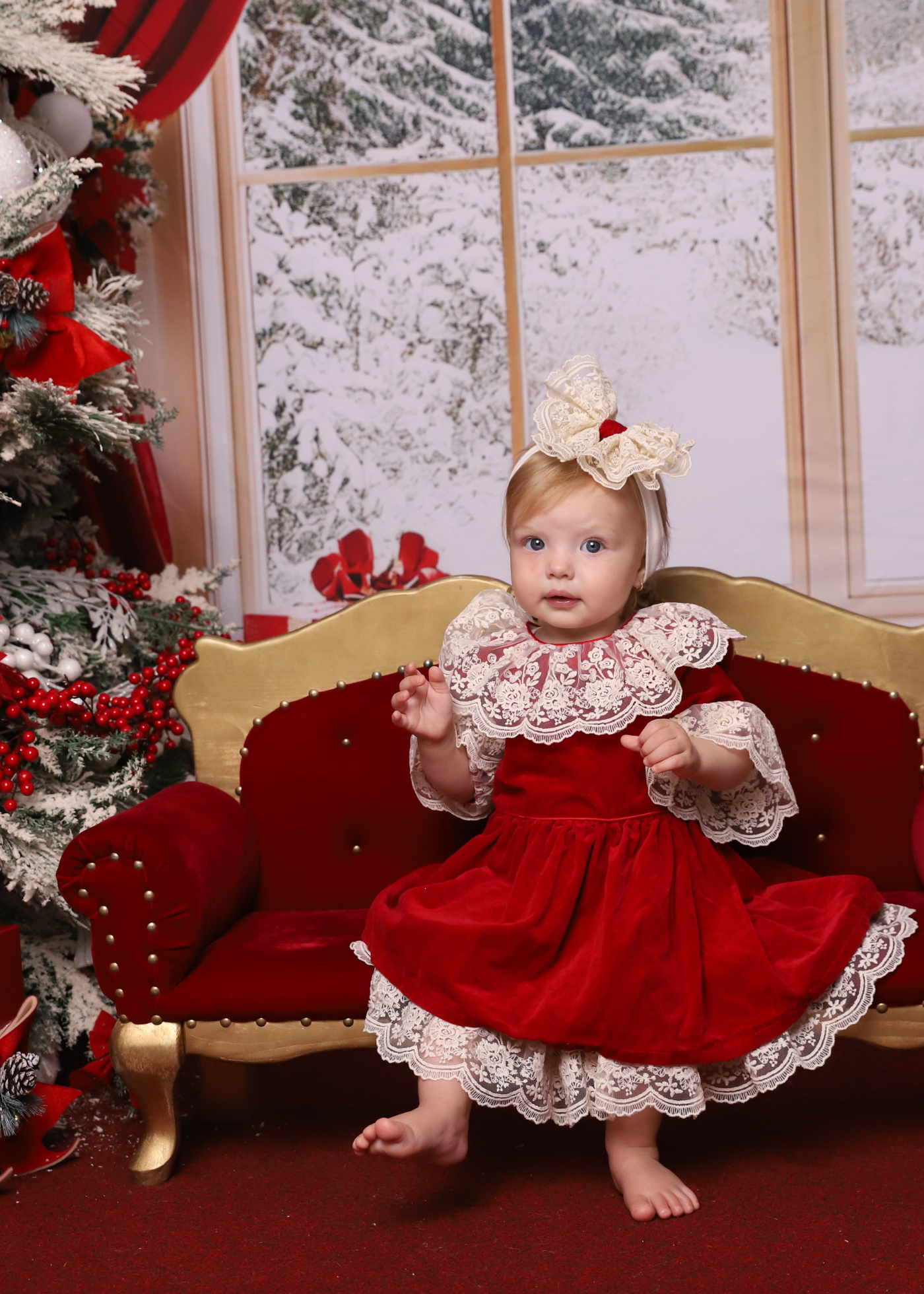 Red Velvet Dress with Ruffles and White Lace at the Neck and Sleeves AnneBebe