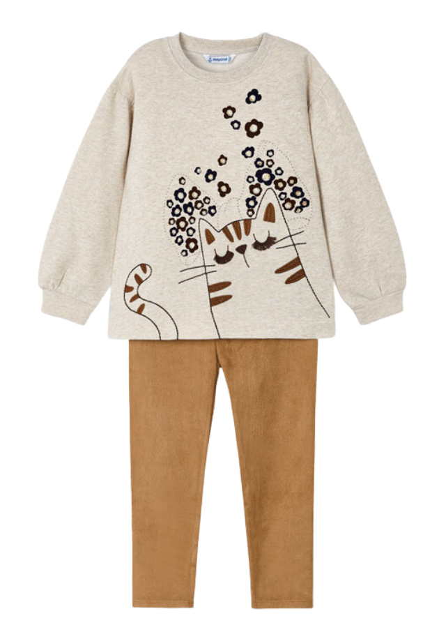 AnneBebe - Set 2 Piese pentru Fete, Bluza Bej cu Maneca Lunga si Colanti Camel Catifelati 4789 Mayoral