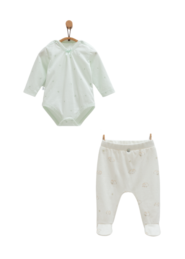 Set Body cu Maneca Lunga si Pantaloni Verde cu Oite Mini Lamb BPK1824 Mell Sweet Baby