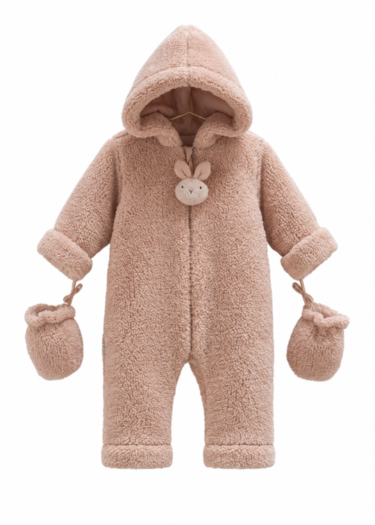 Combinezon Roz Pudra din Plus cu Gluga si Iepuras la Fermoar TE2117 Mell Sweet Baby