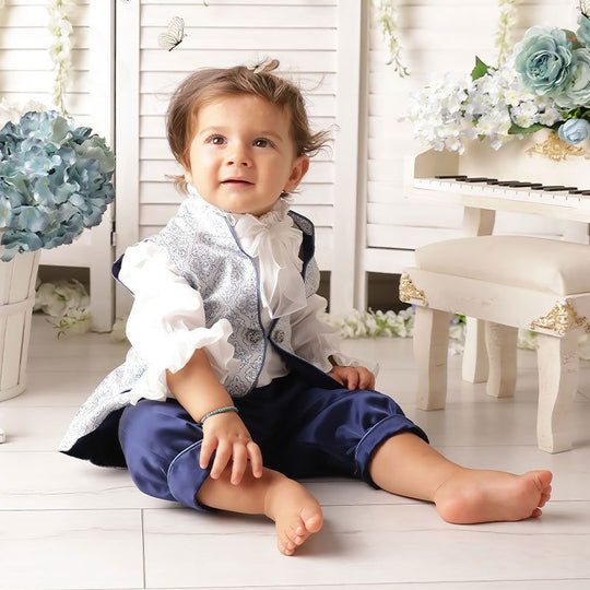 Costum Elegant Print Vesta Brocard Bleu Cu Argintiu Pantalon Bleumarin