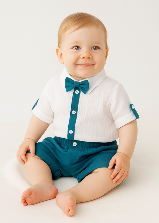 Costum Muselina Camasa Crem Pantalon Turcoaz