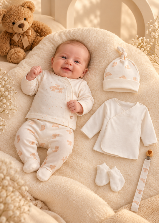 Set Maternitate 6 Piese Crem cu Imprimeu Roz, cu 2 Bluze, Pantaloni cu Botosei, Caciulita, Sosete si Lant Suzeta pentru Fetite ZK2545 – Mell Sweet Baby