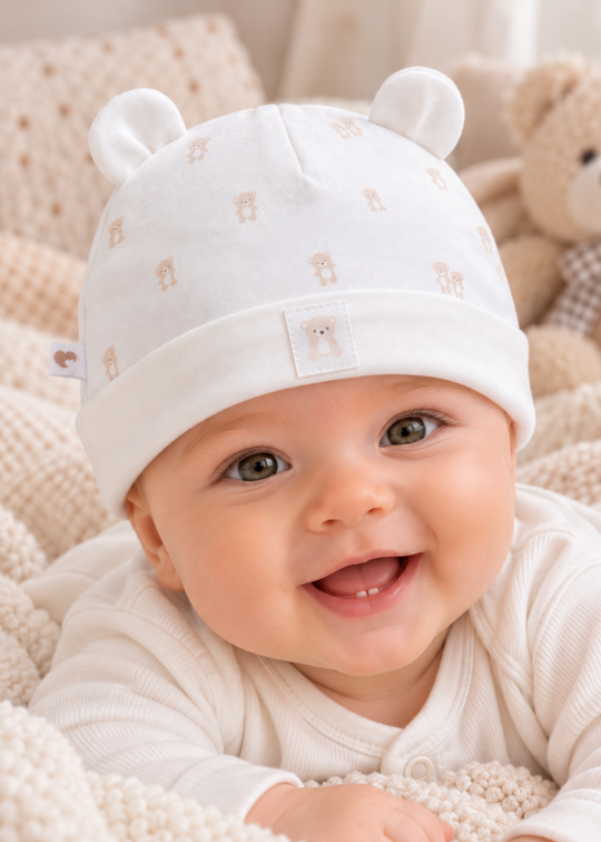 Caciulita din Bumbac Crem si Bej cu Urechiuse pentru Baieti SPE2638 – Mell Sweet Baby