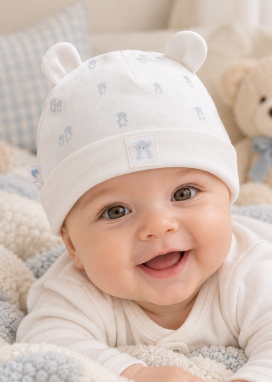 Caciulita din Bumbac Crem si Bleu cu Urechiuse pentru Baieti SPE2638 – Mell Sweet Baby
