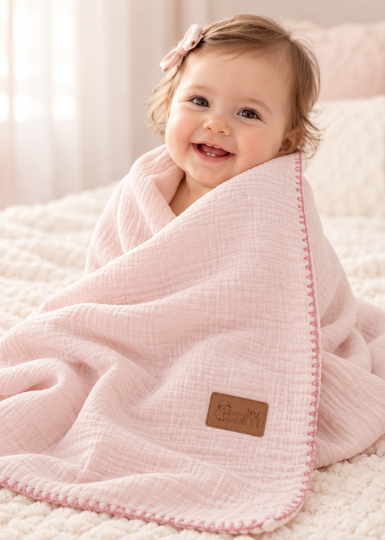 Patura din Muselina si Welsoft Roz cu Margine Cusuta Decorativ BTU2808 – Mell Sweet Baby