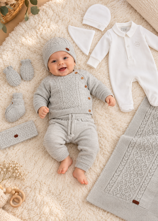 Set Maternitate 10 Piese Gri din Lana Merinos cu Cardigan, Pantaloni, Salopeta din Bumbac si Patura pentru Baieti 3459 – Leo King