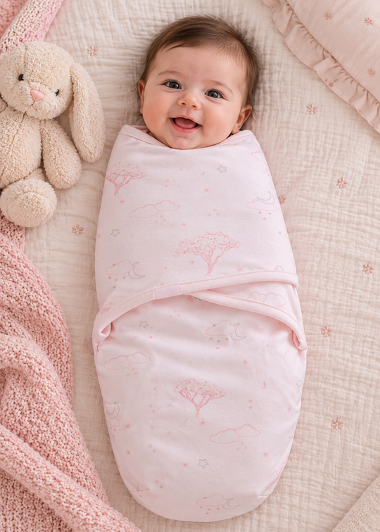 Sistem de Infasat Roz din Bumbac cu Imprimeu de Nori si Copaci pentru Bebelusi KNU2778 – Mell Sweet Baby