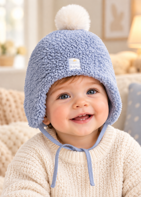 Caciula din Blanita Sherpa Bleumarin cu Ciucure si Legaturi pentru Baieti SPE2663 – Mell Sweet Baby