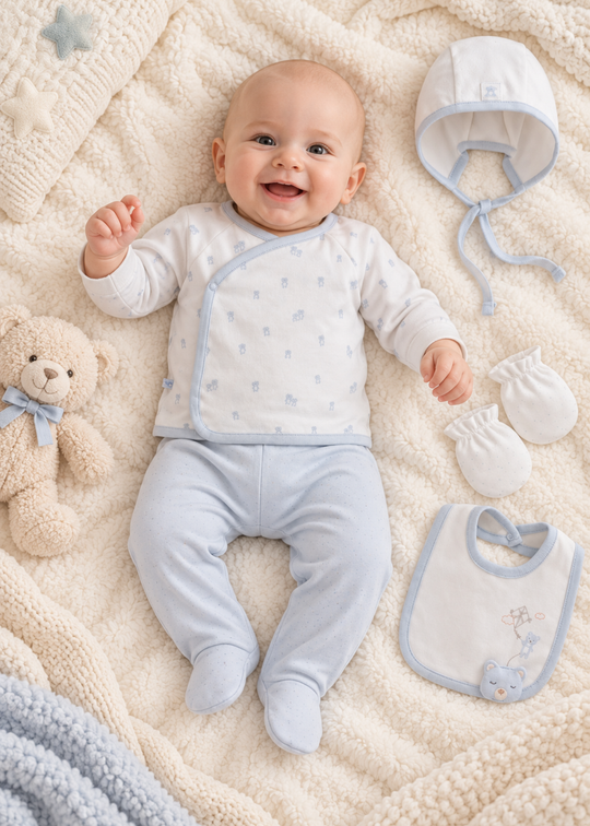 Set Maternitate 5 Piese Bleu cu Bluza, Pantaloni, Caciulita, Baveta si Manusi pentru Baieti ZE2632 – Mell Sweet Baby