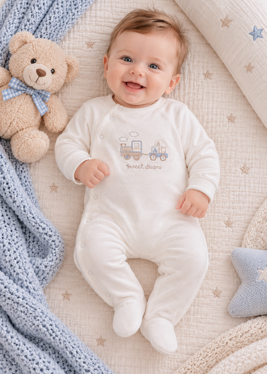Salopeta Crem cu Botosei si Broderie cu Trenulet pentru Baieti TE2741 – Mell Sweet Baby